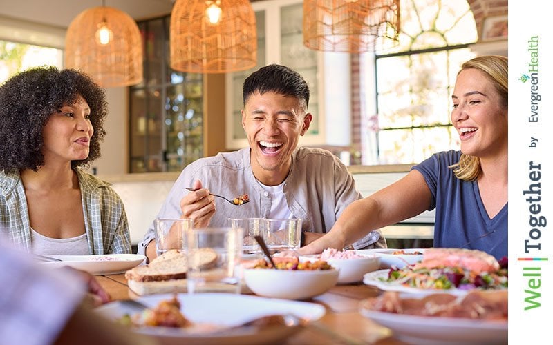 group of young adult friends at dinner